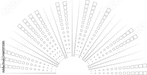Semicircular outline with squared short rays distributed around a central open space.