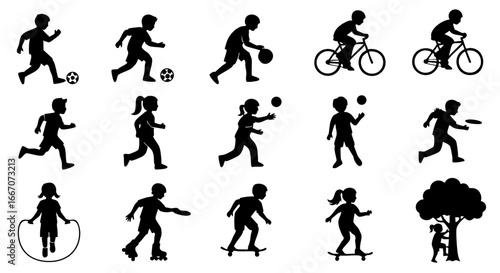 Dynamic Silhouettes of Children Engaged in Diverse Active Play, Sports, and Recreational Activities