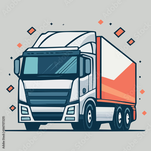 stylized drawing of a truck with a white and orange body on a gray background. The truck has a modern design with a large windshield, headlights and mirrors.