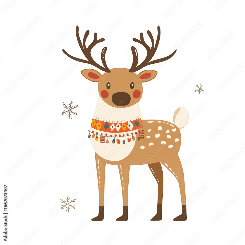 Fototapeta premium Cartoon deer with antlers and a red and orange sweater