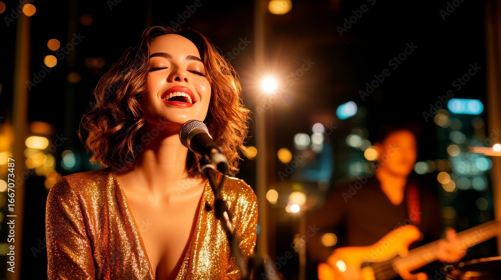 Melodic Performance: A captivating female vocalist, illuminated by stage lights, pours her heart and soul into a soulful performance, singing into a microphone with a band. Melodic Performance: A captivating female vocalist, illuminated by stage lights, pours her heart and soul into a soulful performance, singing into a microphone with a band.