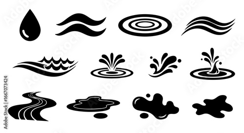 Variety of stylized water and liquid elements vector graphics depicting fluid motion and abstract splashes