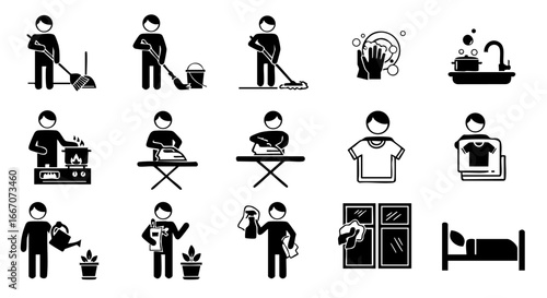 Domestic Chores and Responsibilities, Illustrative Icons in Minimalistic Design