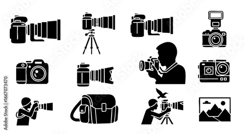 Essential Digital Photography Equipment Icons Cameras, Tripods, Lenses, and Photographer Activities
