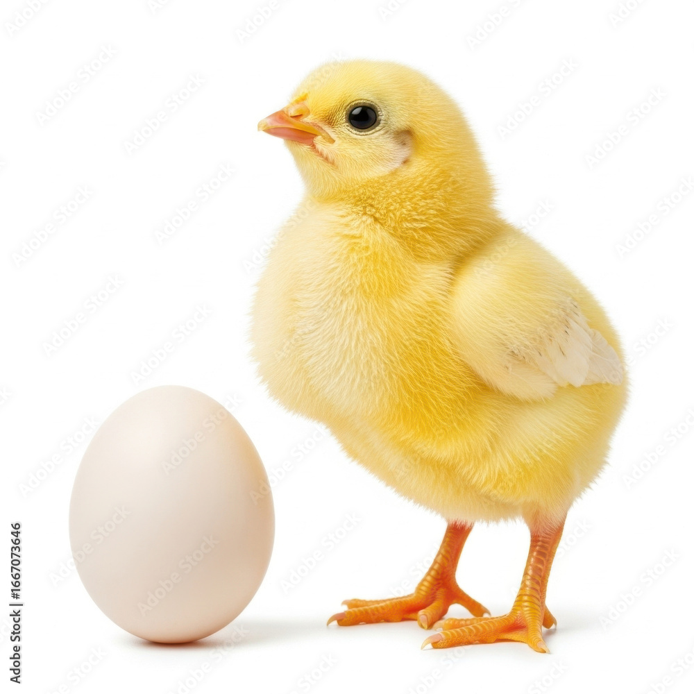 Fototapeta premium Fluffy yellow chick standing next to an egg isolated on white background