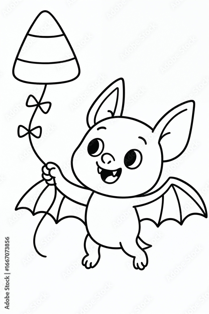 Fototapeta premium Cute bat flying a candy corn kite coloring page, Halloween cartoon character design for kids fun festive spooky printable