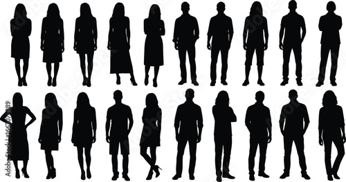 Silhouette illustration of standing men and women in different poses for business, casual, fashion, and lifestyle design concepts