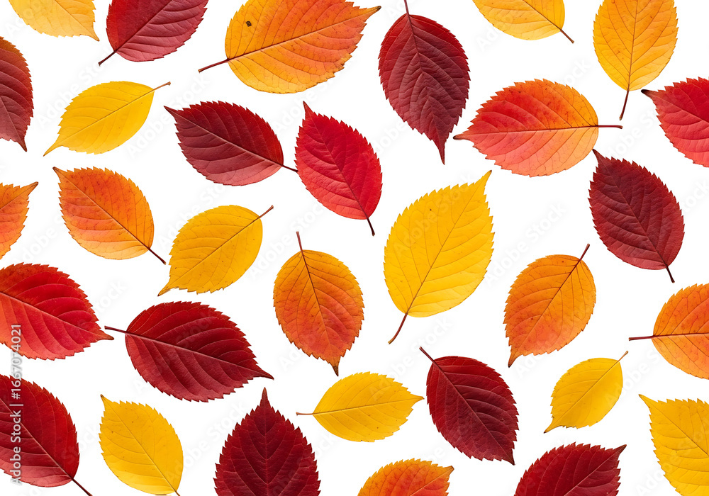 Fototapeta premium Vibrant autumn leaves in a striking pattern against a dark background, showcasing a spectrum of warm colors.