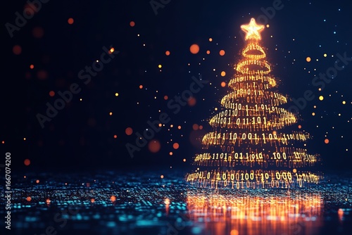 Digital Christmas tree adorned with binary code in a glowing festive design