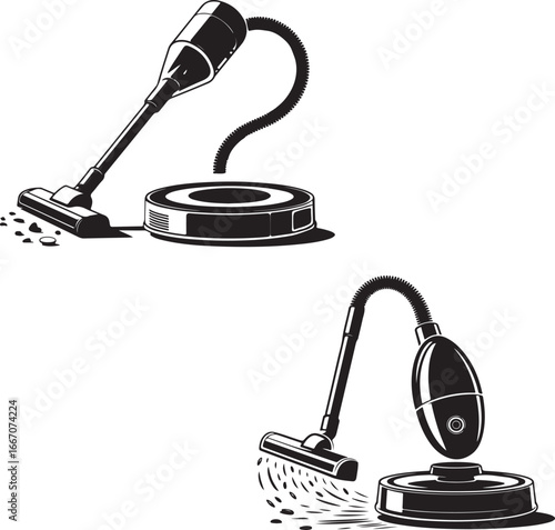 Black Vector Silhouette of Robotic Vacuum Carrying Food Crumbs Futuristic Kitchen Device