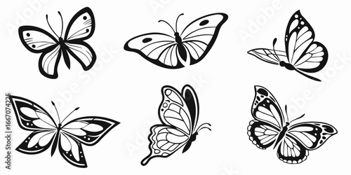 Six Stylized Black and White Butterfly Silhouettes
