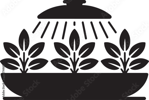 Black Vector Silhouette of Hydroponic Farming System with Leafy Greens