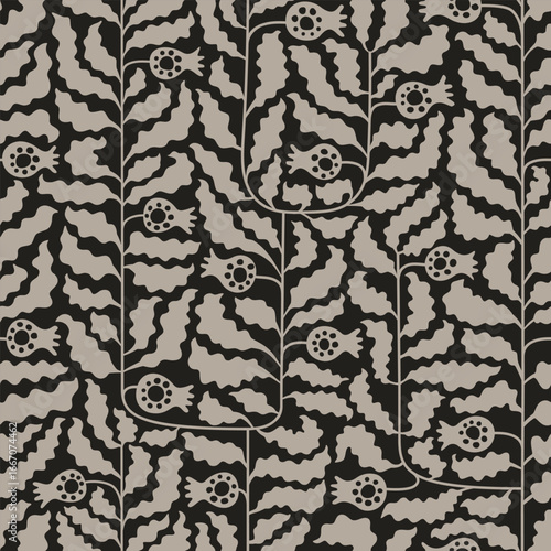 Abstract monochrome geometric botanical pomegranate foliage vector seamless pattern. Black, white leaves, fruits, berries background design for spa, cosmetics, package, wrapping paper