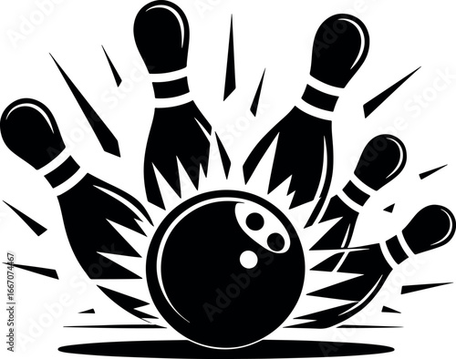 Bowling Strike Illustration with Pins Falling and Ball Hitting the Pins in Black and White Graphic Style Depicting Action
