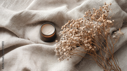 Natural Skincare Cream Jar on Linen With Dried Flowers, Cozy Minimalism