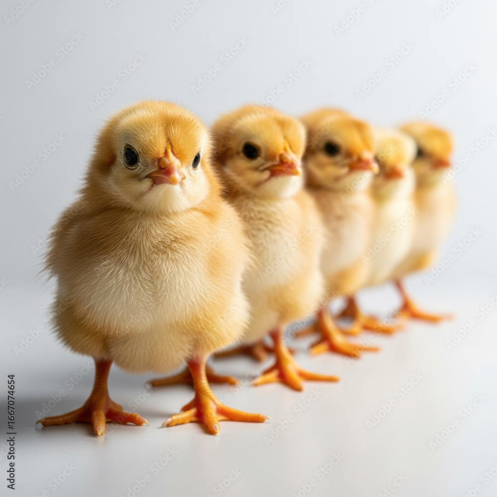 Obraz premium Five fluffy yellow chicks in a row isolated on white background