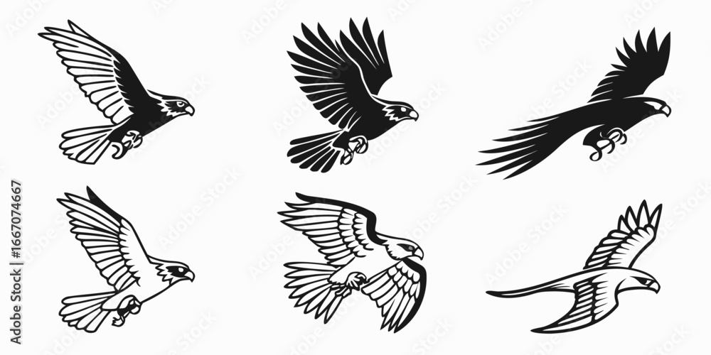 Fototapeta premium Six Stylized Falcon or Hawk Flying Silhouettes