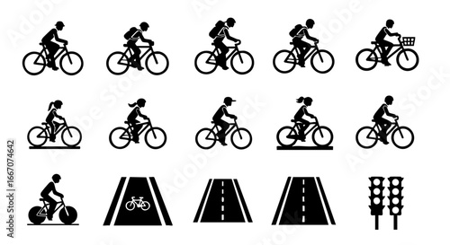 Biking Action Series, Cyclists, Urban Environment, Graphic Illustration, Motion Dynamics, Creative Viewpoint