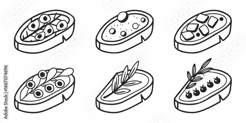 Six Stylized Illustrations of Bruschetta Toppings