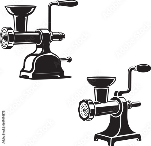 Black Vector Silhouette of Hand Crank Meat Grinder Traditional Kitchen Tool