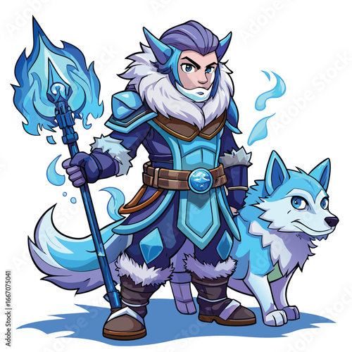 Fantasy ice mage character with companion wolf holding a magical staff