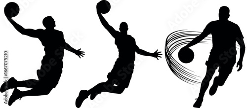 Silhouette illustration of basketball players in dynamic poses demonstrating skill and athleticism for design elements
