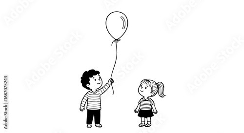 Sweet childhood scene featuring a boy holding a balloon next to a curious girl, embodying youthful delight