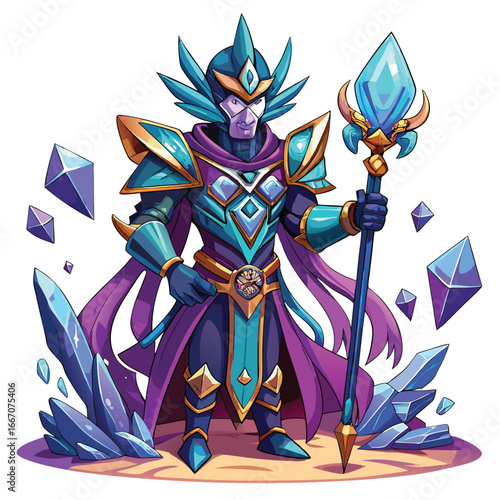 Mysterious ice mage with a crystal staff and ornate armor surrounded by glowing ice shards