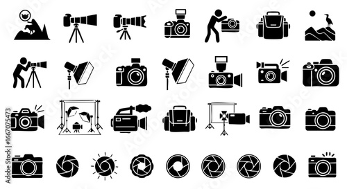 Monochrome icon set of essential photographer tools and equipment, including cameras, tripods, and lighting