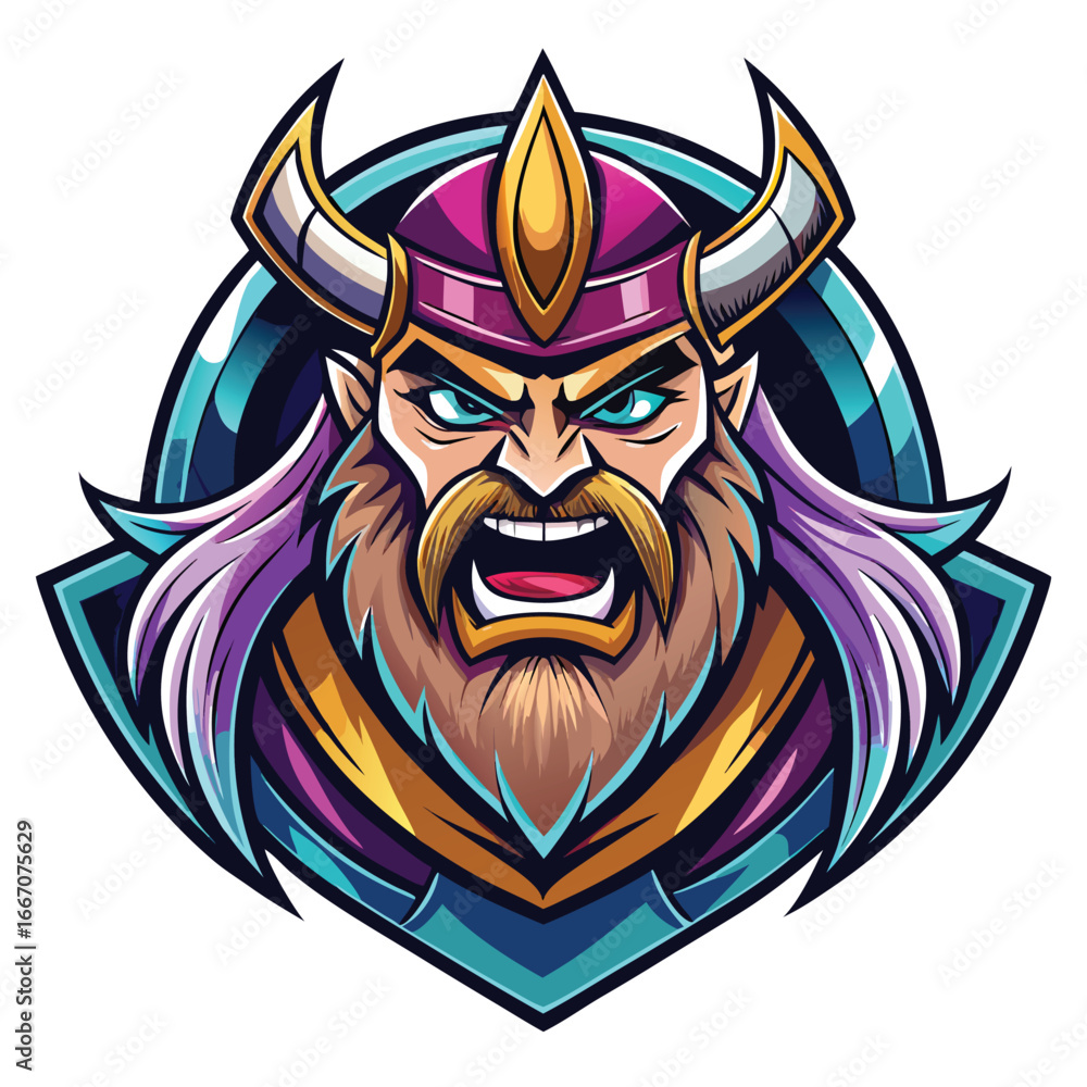 Obraz premium Fierce viking warrior with purple hair and golden helmet in a stylized esports logo design