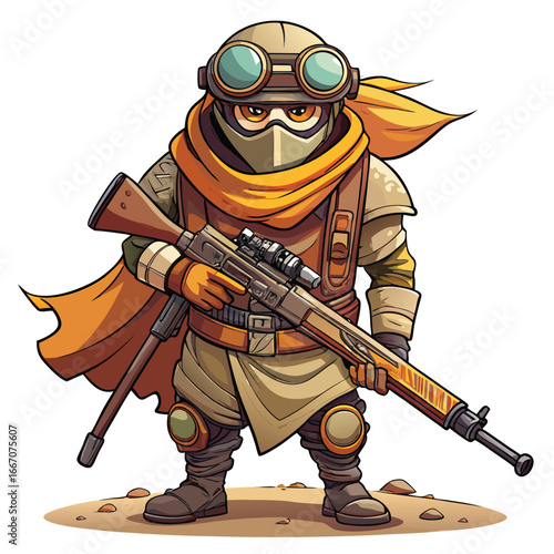 Stylized cartoon desert warrior with rifle and goggles ready for action