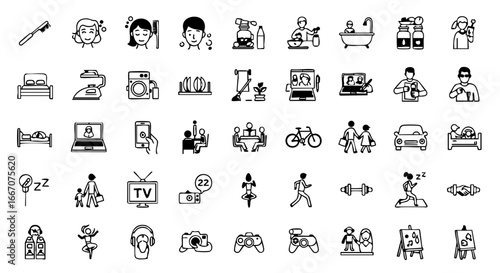 A versatile collection of linear icons depicting daily life routines, work-life balance, and various lifestyle hobbies and activities