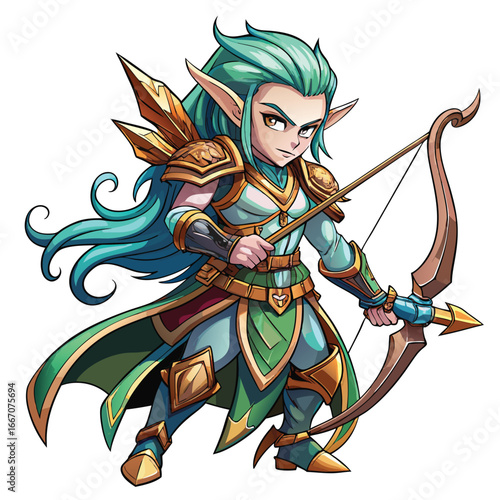 Chibi elf archer with long teal hair and golden armor holding a bow