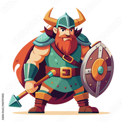 Cartoon viking warrior with horned helmet shield and axe ready for battle