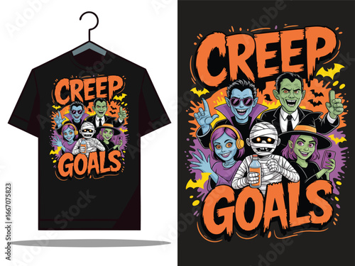 Spooky Halloween squad goals with Dracula, Frankenstein, mummy, zombie, and witch characters