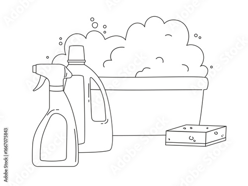 Cleaning tools -  sponge, bottles with household chemicals and a basin with foam. Doodle vector illustration isolated on white background