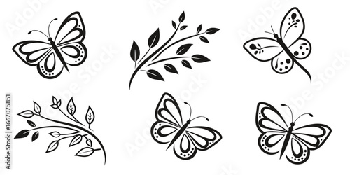 Stylized Black Butterflies and Floral Branches Vector Graphics