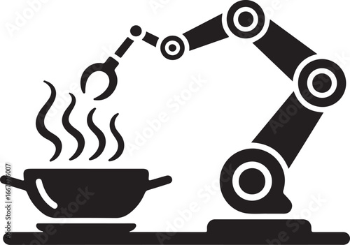 Black Vector Silhouette of Robotic Arm Cooking Food on Stove