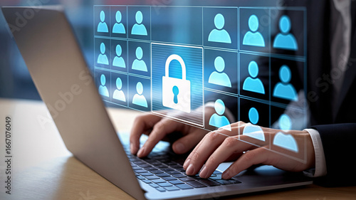 Data security professional types on laptop managing user access and privacy settings online