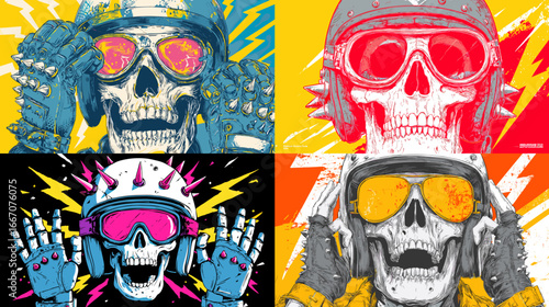 Bold pop art-style illustration of skulls with helmets and sunglasses in neon colors, inspired by punk rock, biker, and street art culture.