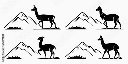 Stylized Black Silhouette Llamas and Mountains