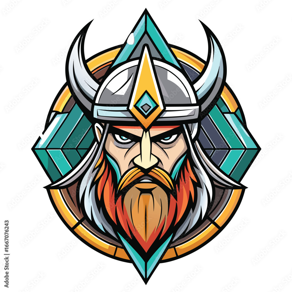 Obraz premium Fierce viking warrior with horned helmet and long beard in a stylized geometric design