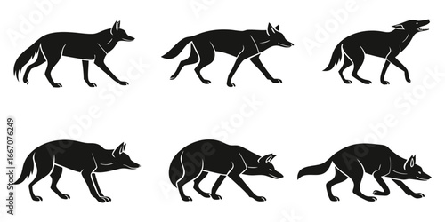 Stylized Black Wolf Silhouettes in Various Poses
