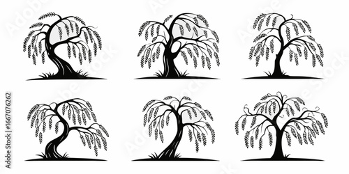 Stylized Black Willow Trees Silhouette Collection