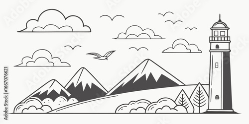 Stylized Lighthouse and Mountain Landscape Scene