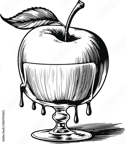 Hand drawn apple line art, smooth bold ink strokes, apple juice dripping and filling glass, vintage engraving style, black and white vector illustration 3