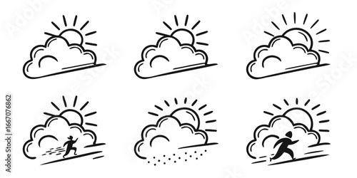 Stylized Sun and Cloud Icons with Figures