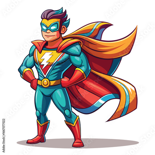 Dynamic cartoon superhero with a lightning bolt emblem and flowing cape