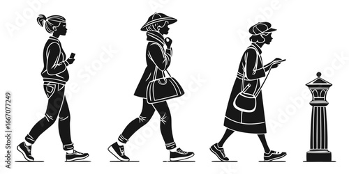 Three Women Walking with Bags and Phones