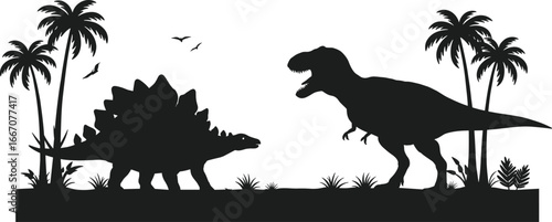 Vector silhouette illustration of prehistoric dinosaurs, T-Rex and Stegosaurus facing each other, tropical palm trees, birds flying, isolated black shapes on white background